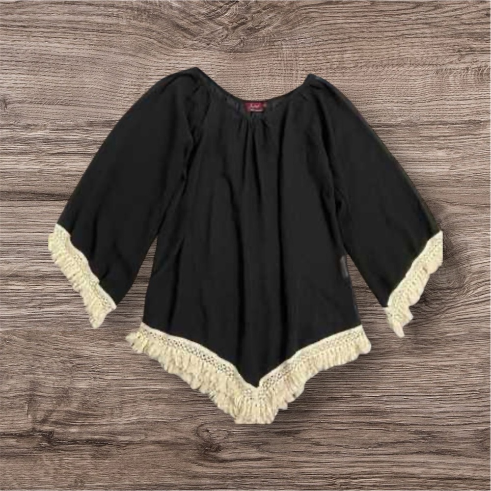NWT Avani del amour black sheer tunic top with crochet frond fed in ends size XL